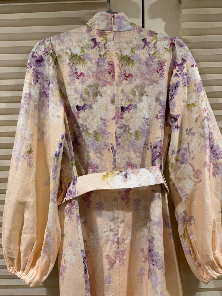 Zimmermann Floral Buttoned Belted Linen Midi Dress, Size AU 1/2