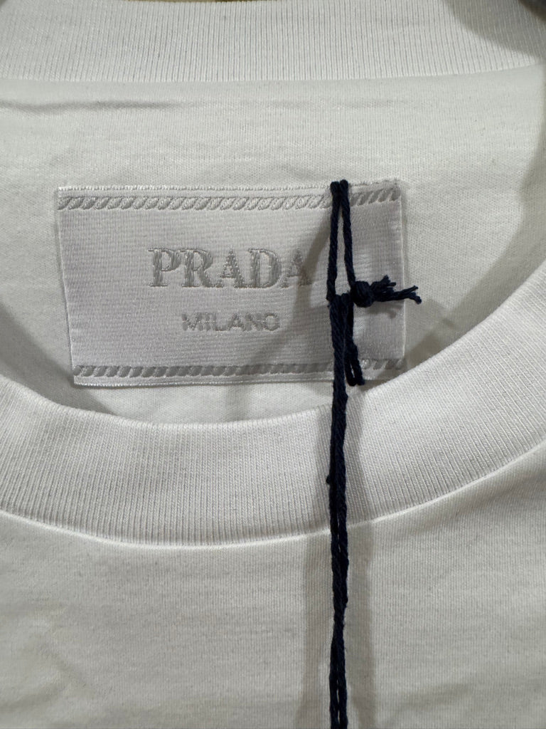 Prada Embroidered Logo Cotton T-Shirt in White, Size XL