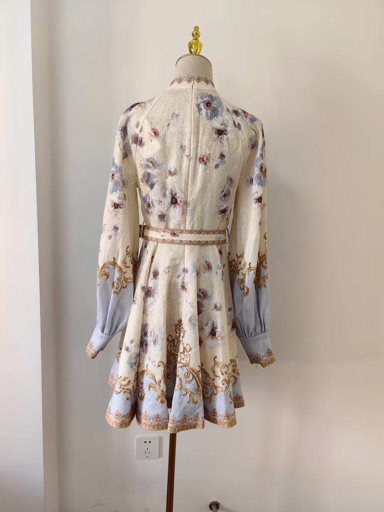Zimmermann Buttoned Mini Dress in Blue Floral, Size AU 0/1/2/3