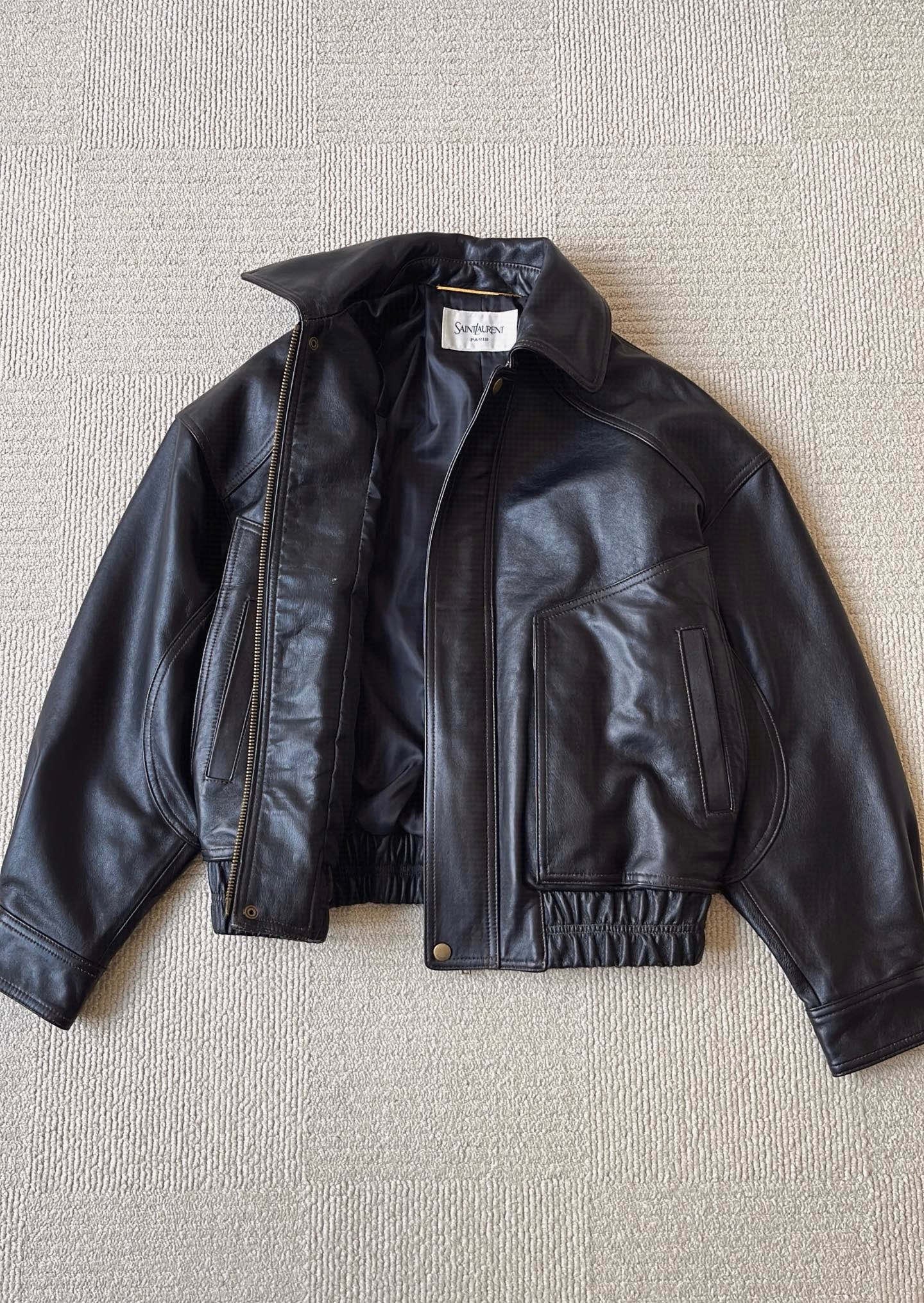 Saint Laurent Bomber Jacket in Grained Leather Dark Brown, Size 36/38/40