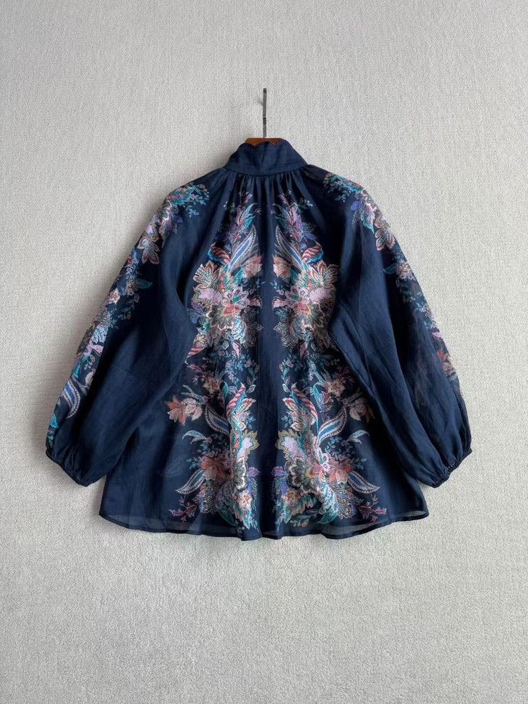Zimmermann Floral Ramie Blouse & Belted Linen Shorts Set in Navy, Size AU 1/2/3