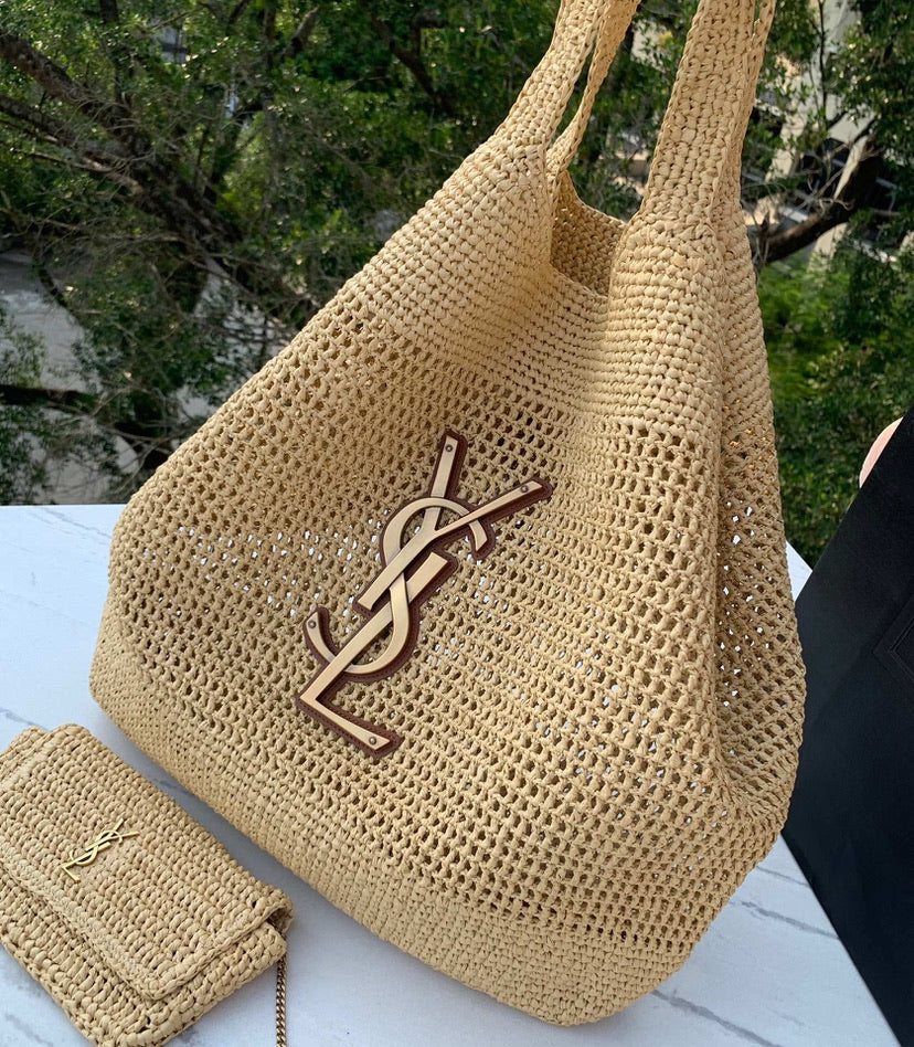 Saint Laurent Icare Maxi Embellished Leather-Trimmed Raffia Tote