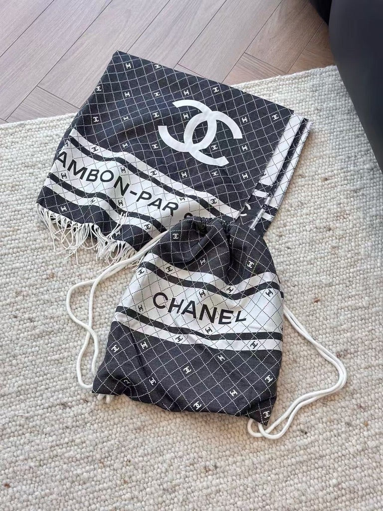 Chanel Logo Cotton/Silk Blend Scarf Black