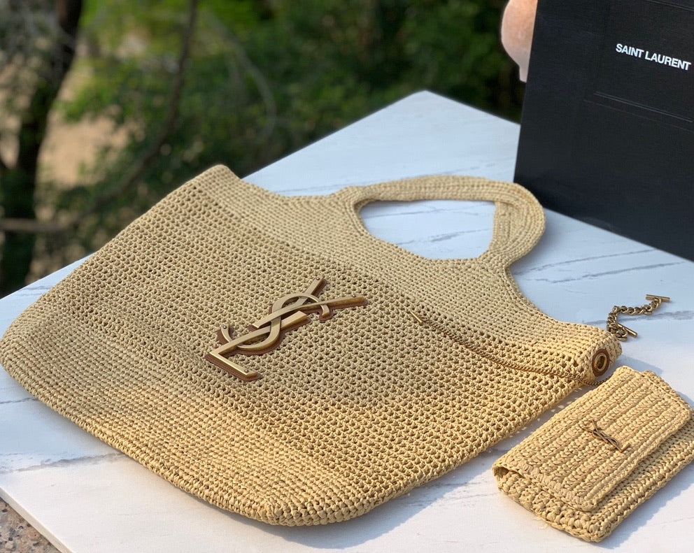 Saint Laurent Icare Maxi Embellished Leather-Trimmed Raffia Tote