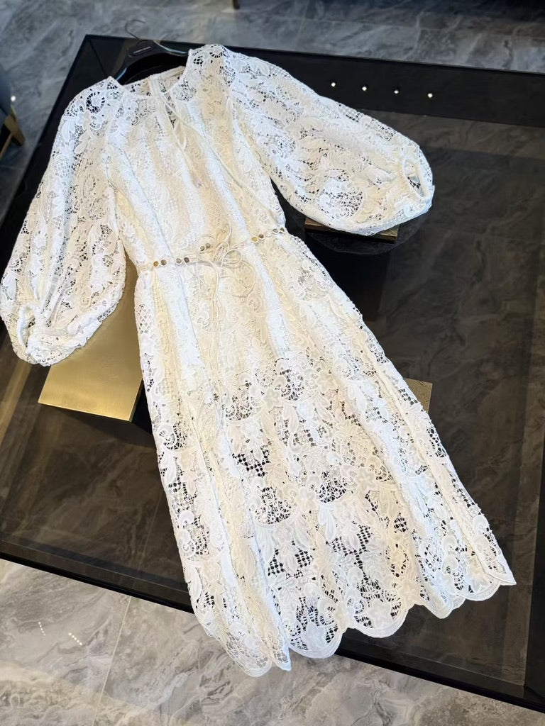 Zimmermann White Lace Belted Midi Dress, Size AU 2