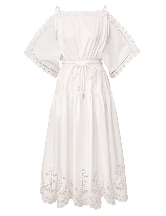 Zimmermann Embroidered Off-Shoulder Midi Dress in Ivory, Size 0P/0/1/2/3