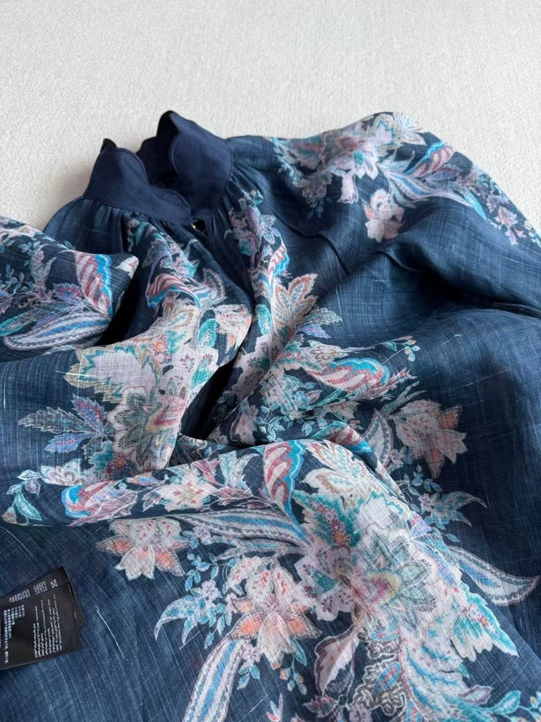 Zimmermann Floral Ramie Blouse & Belted Linen Shorts Set in Navy, Size AU 1/2/3