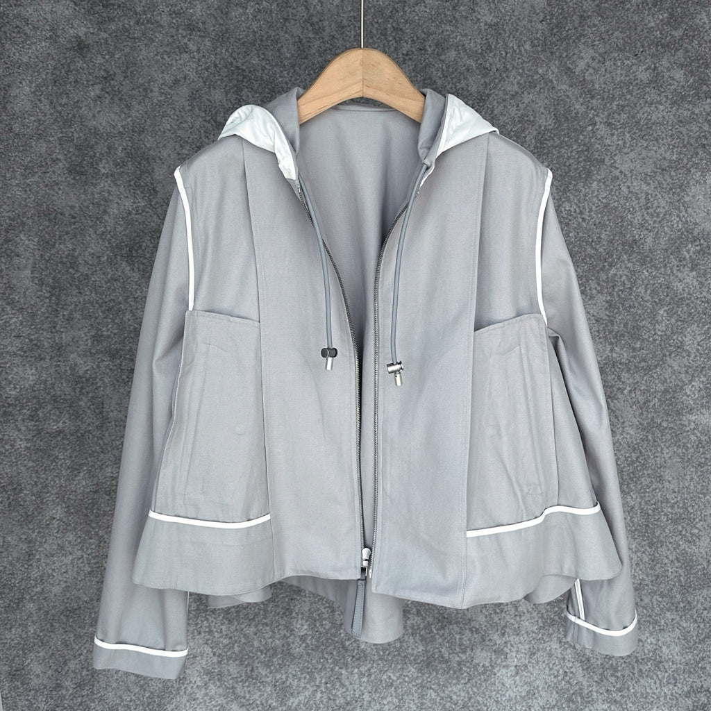 Loewe Cropped Hooded Embroidered Cotton-Twill Jackt in Gray, Size 34/36/38/40