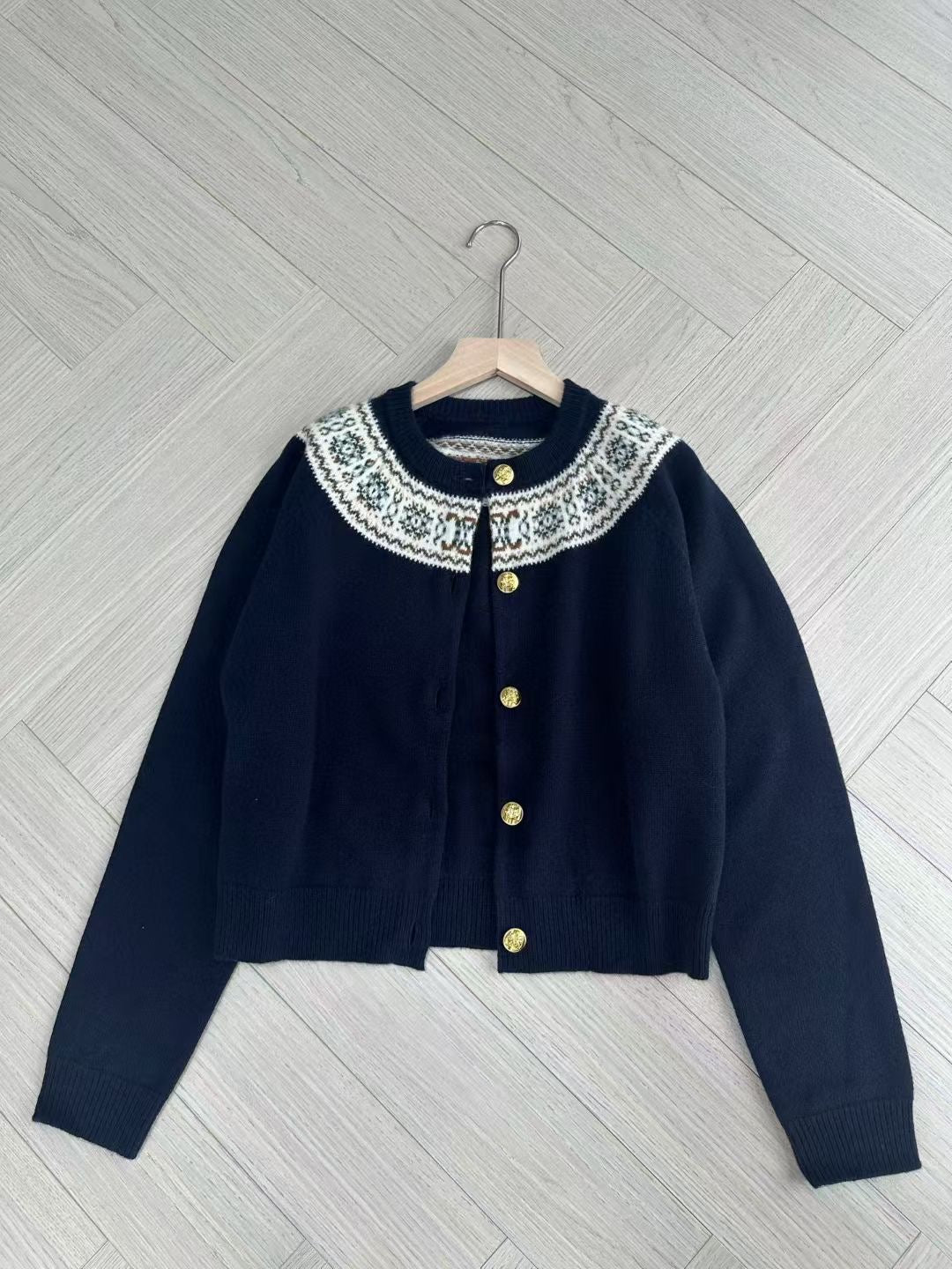 Celine Dark Blue Cardigan in Fair Isle Cashmere, Size S/M/L