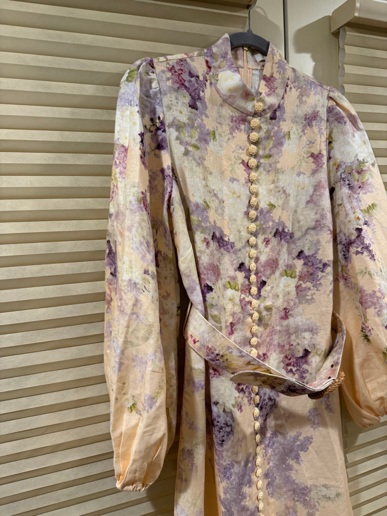 Zimmermann Floral Buttoned Belted Linen Midi Dress, Size AU 1/2