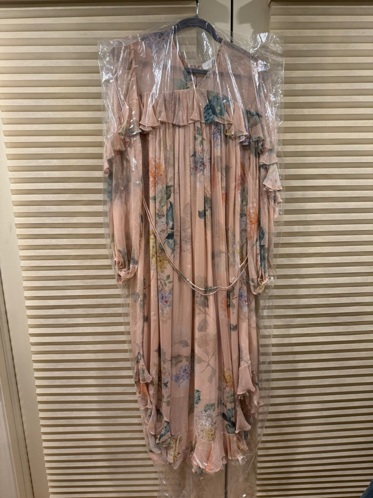 Zimmermann Floral Belted Silk Midi Dress in Peach, Size AU 1/2