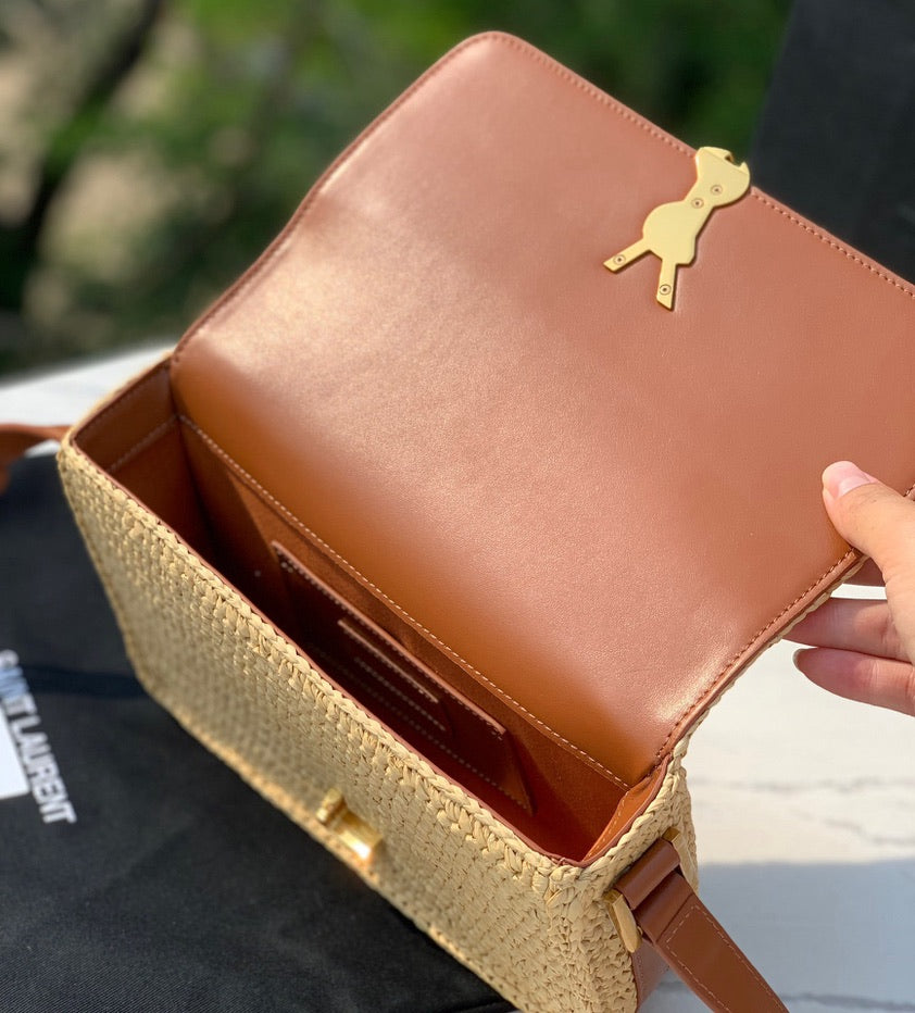 Saint Laurent Raffia Calfskin Medium Monogram Solferino Satchel