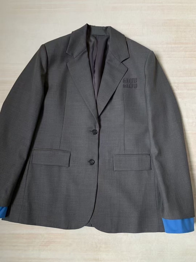 Miu Miu Logo Embroidered Oversized Wool Blazer Jacket in Gray, Size 36/38/40