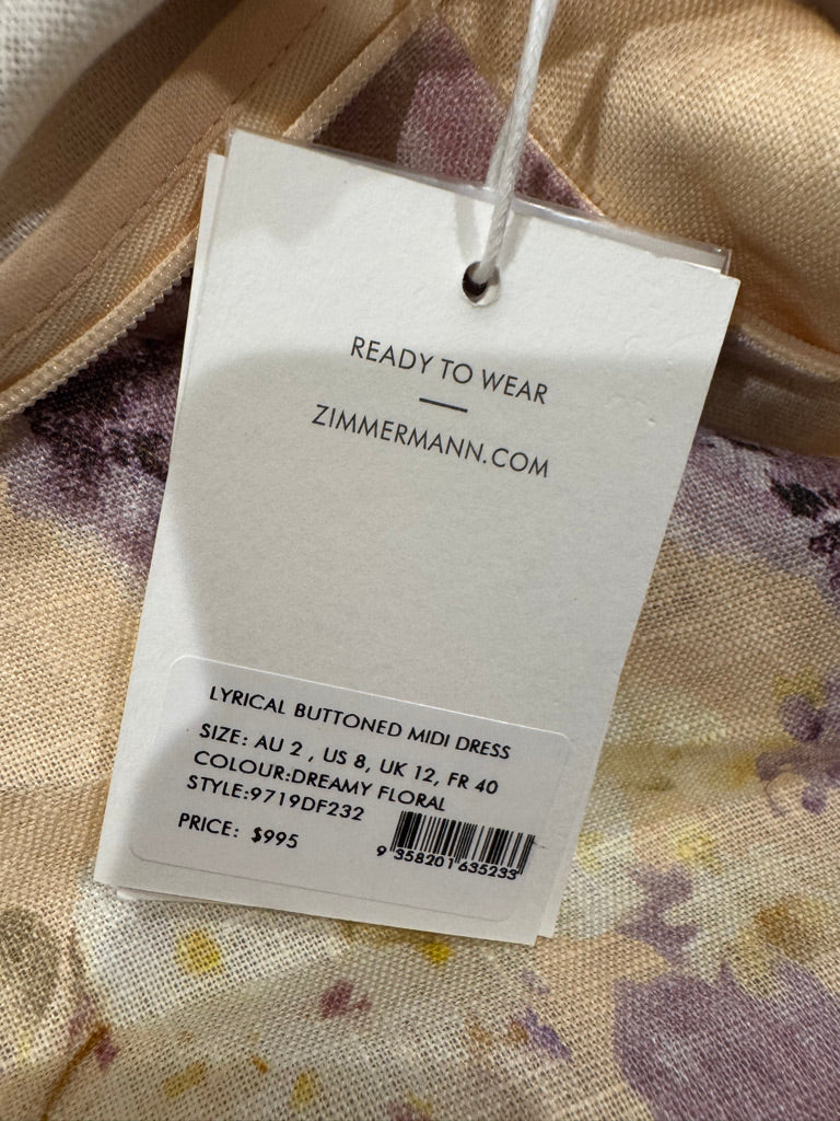 Zimmermann Floral Buttoned Belted Linen Midi Dress, Size AU 1/2