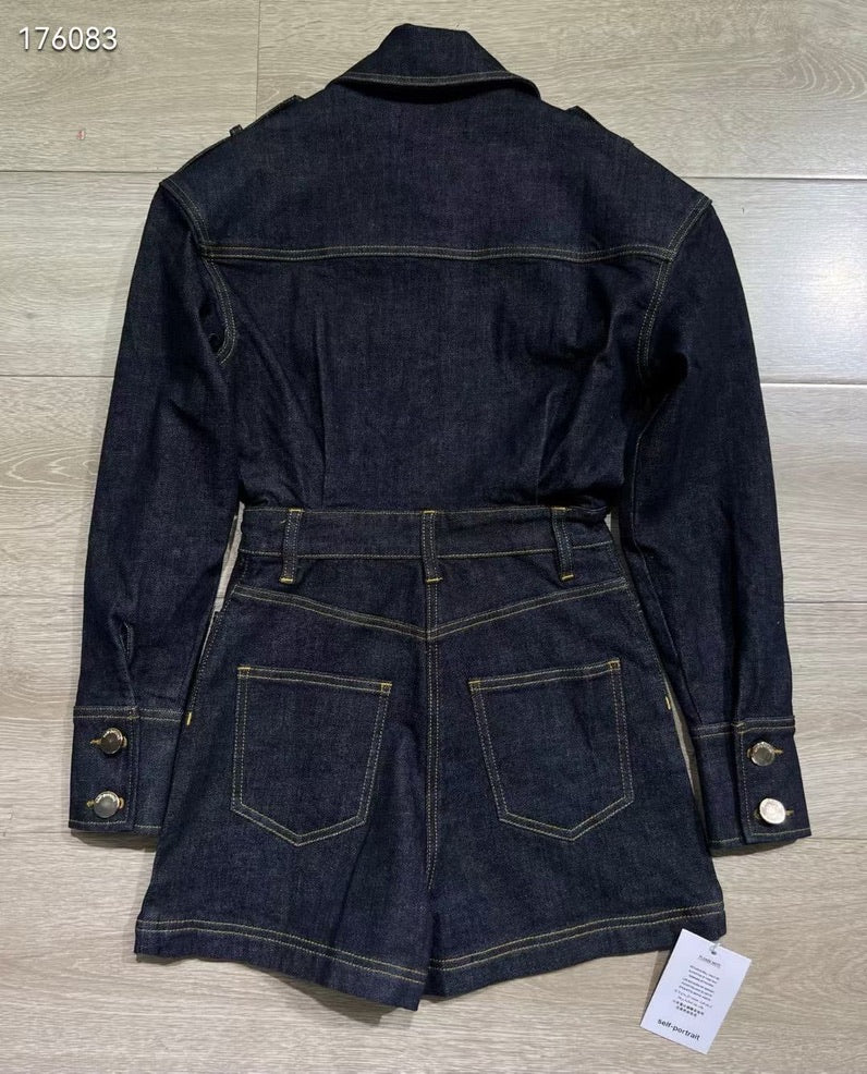Self-Portrait Indigo Denim Playsuit, Size US 0/2/4/6/8/10/12