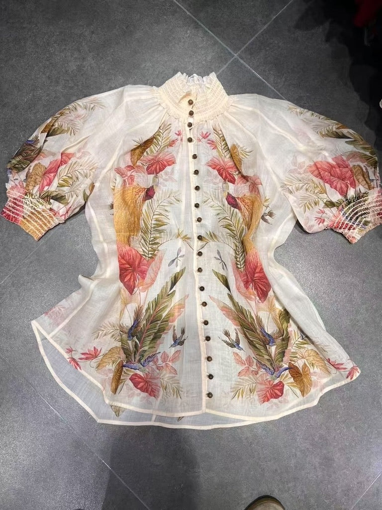Zimmermann Ramie Blouse & Embellished Belted Linen Shorts Set in Cream Floral, Size AU 0/1/2/3