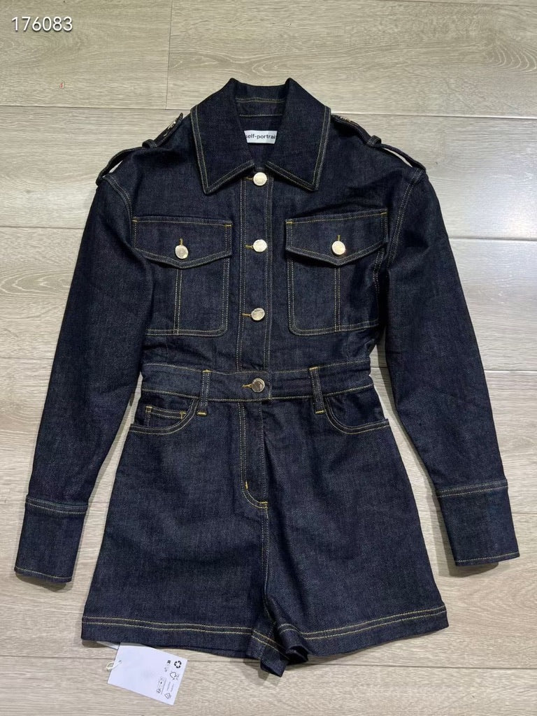 Self-Portrait Indigo Denim Playsuit, Size US 0/2/4/6/8/10/12