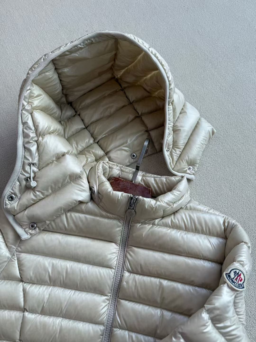 Moncler Igelong Hooded Long Down Jacket in Beige, Size 0/1/2/3