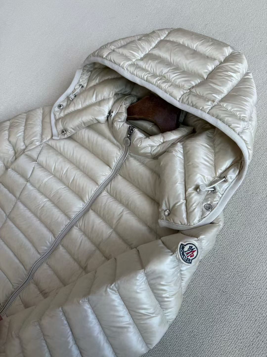 Moncler Igelong Hooded Long Down Jacket in Beige, Size 0/1/2/3