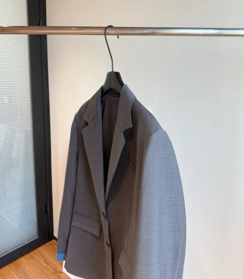 Miu Miu Logo Embroidered Oversized Wool Blazer Jacket in Gray, Size 36/38/40