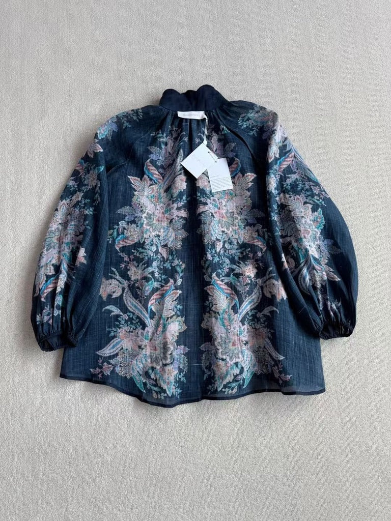 Zimmermann Floral Ramie Blouse & Belted Linen Shorts Set in Navy, Size AU 1/2/3