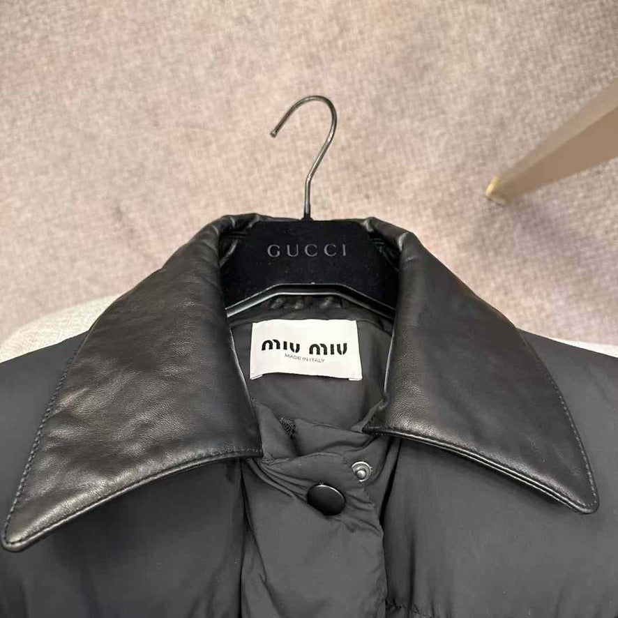 Miu Miu Technical Ponge Cropped Down Jacket in Black, Size S/M/L