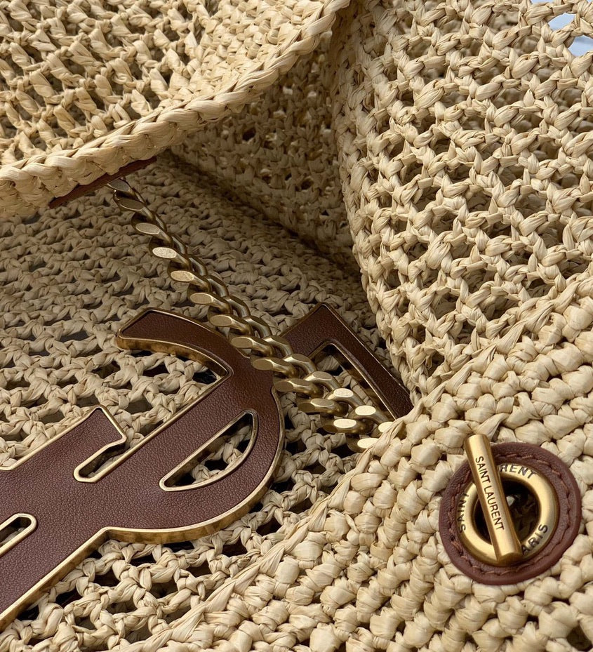 Saint Laurent Icare Maxi Embellished Leather-Trimmed Raffia Tote