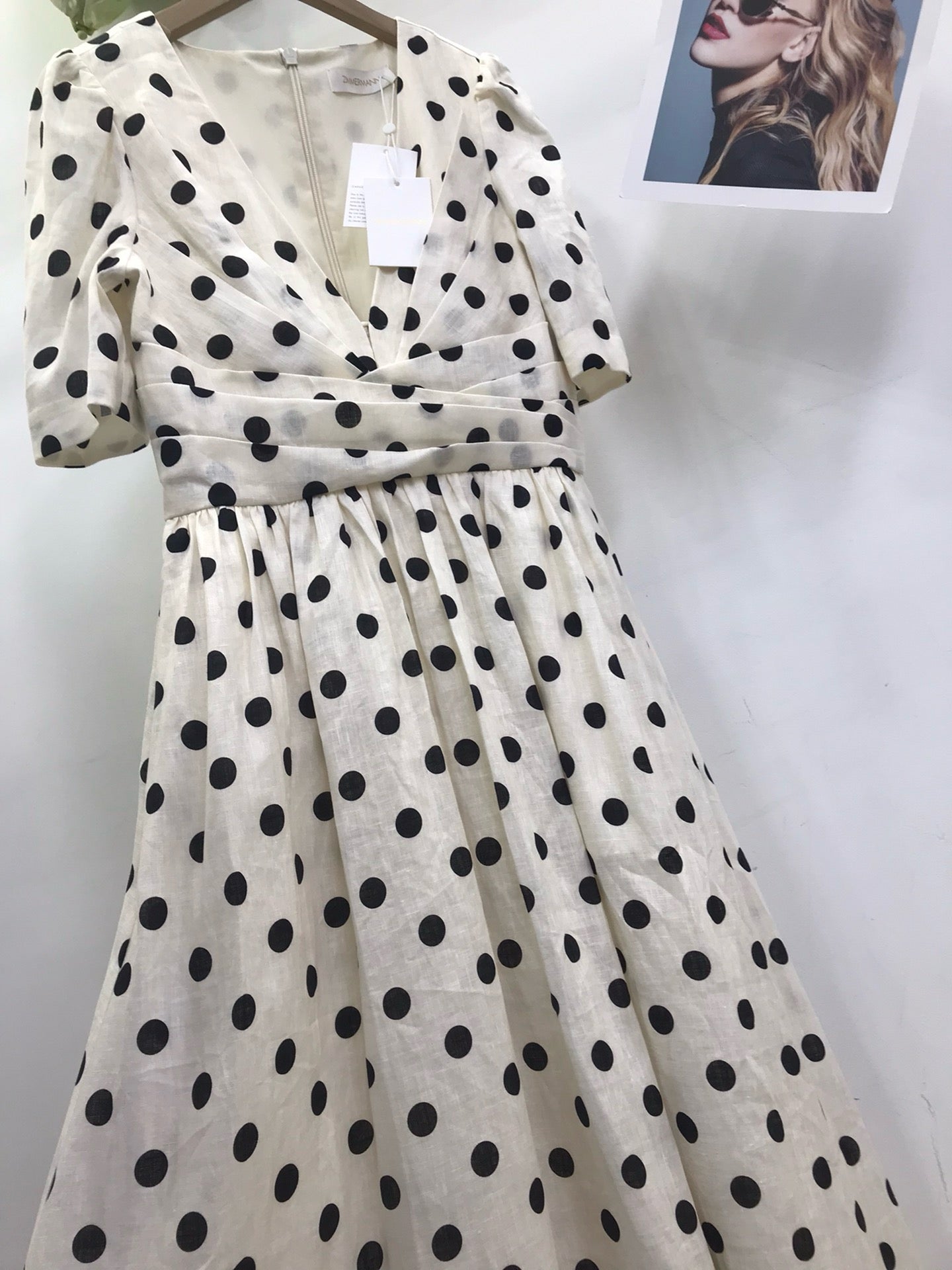 Zimmermann Polka Dot Linen Midi Dress in Cream, Size AU 0/1/2/3