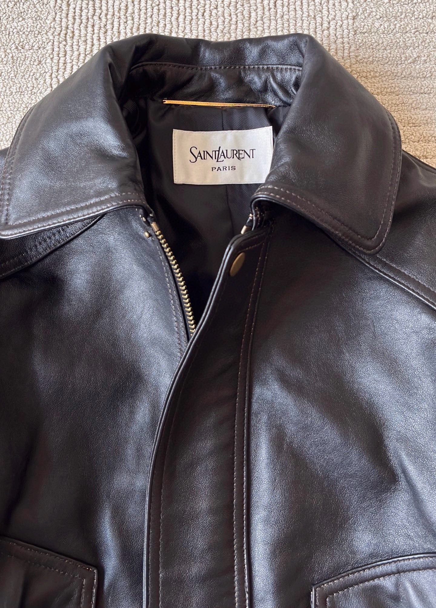 Saint Laurent Bomber Jacket in Grained Leather Dark Brown, Size 36/38/40