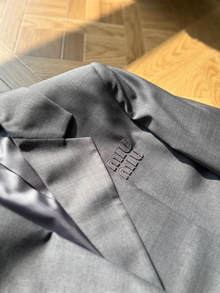 Miu Miu Logo Embroidered Oversized Wool Blazer Jacket in Gray, Size 36/38/40