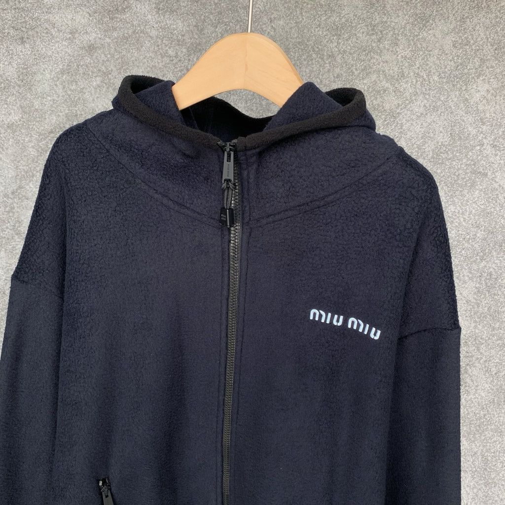 Miu Miu Cotton Fleece Zipper Hoodie in Navy, Size XS/S/M