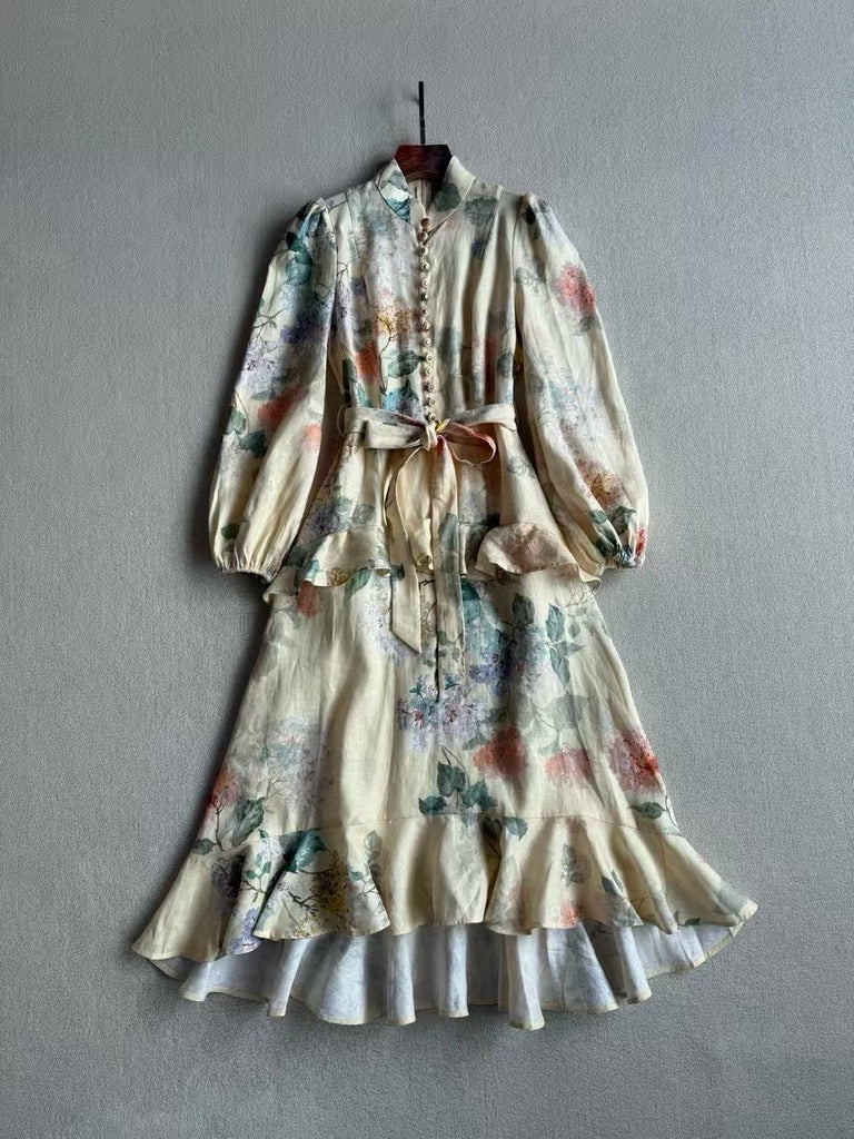 Zimmermann Peplum Belted Linen Midi Dress, Size AU 0/1