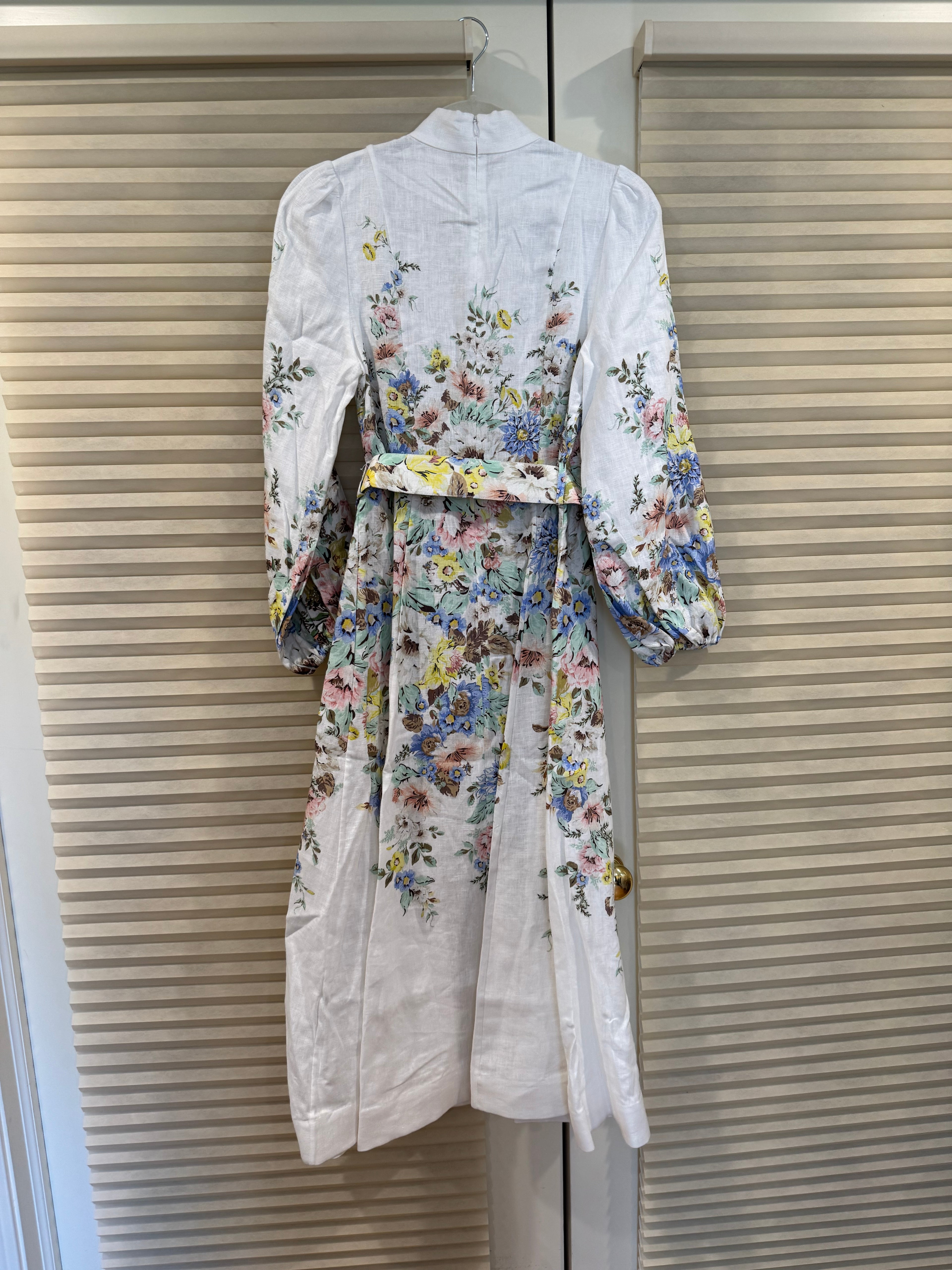 Zimmermann Floral Belted Linen Midi Dress, Size AU 2