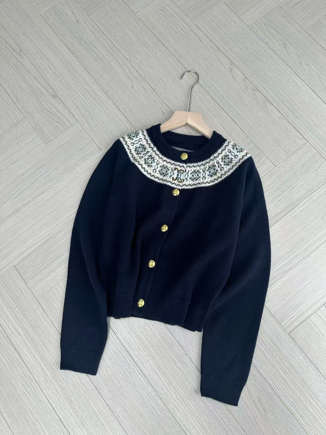 Celine Dark Blue Cardigan in Fair Isle Cashmere, Size S/M/L