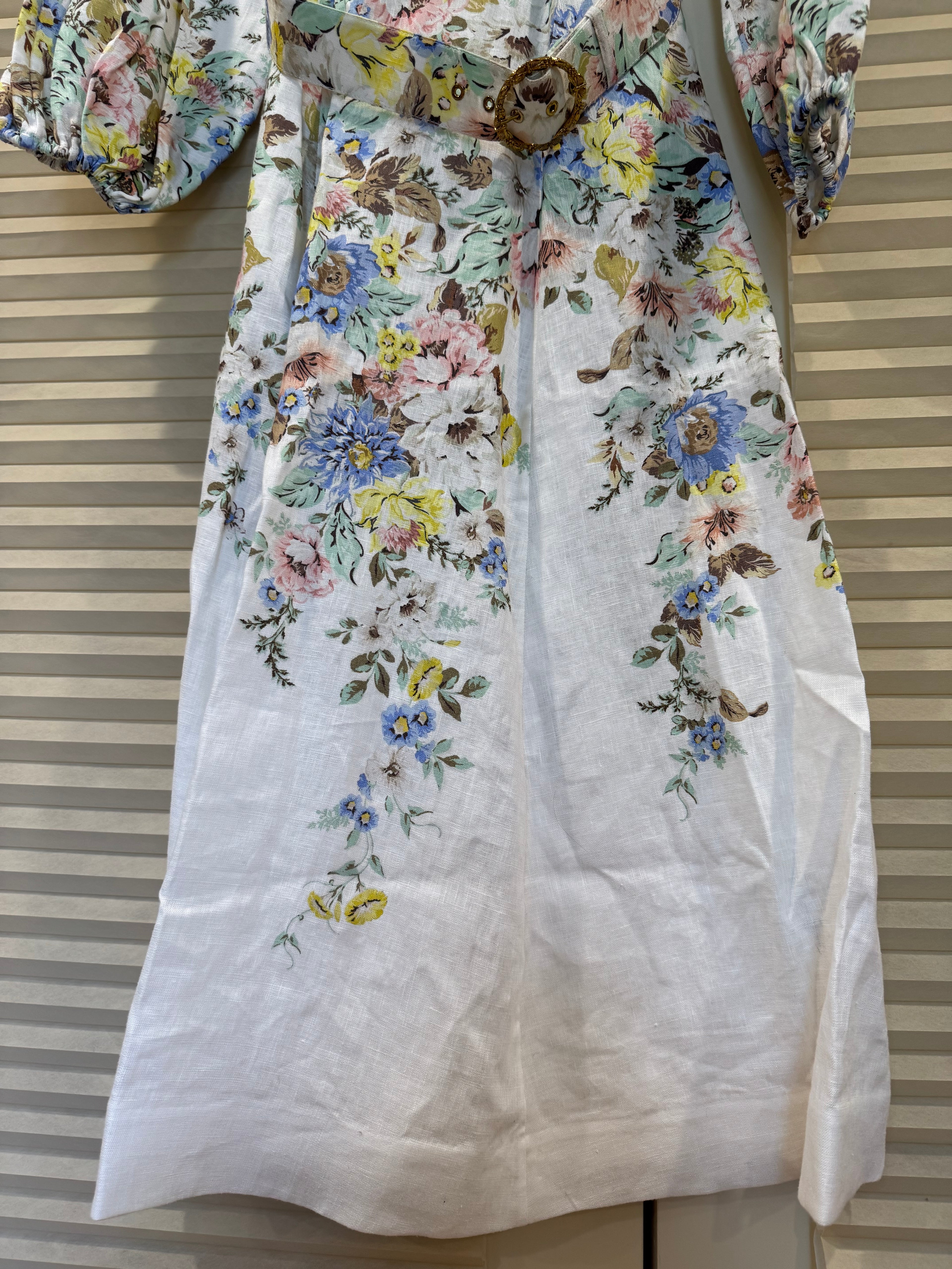 Zimmermann Floral Belted Linen Midi Dress, Size AU 2