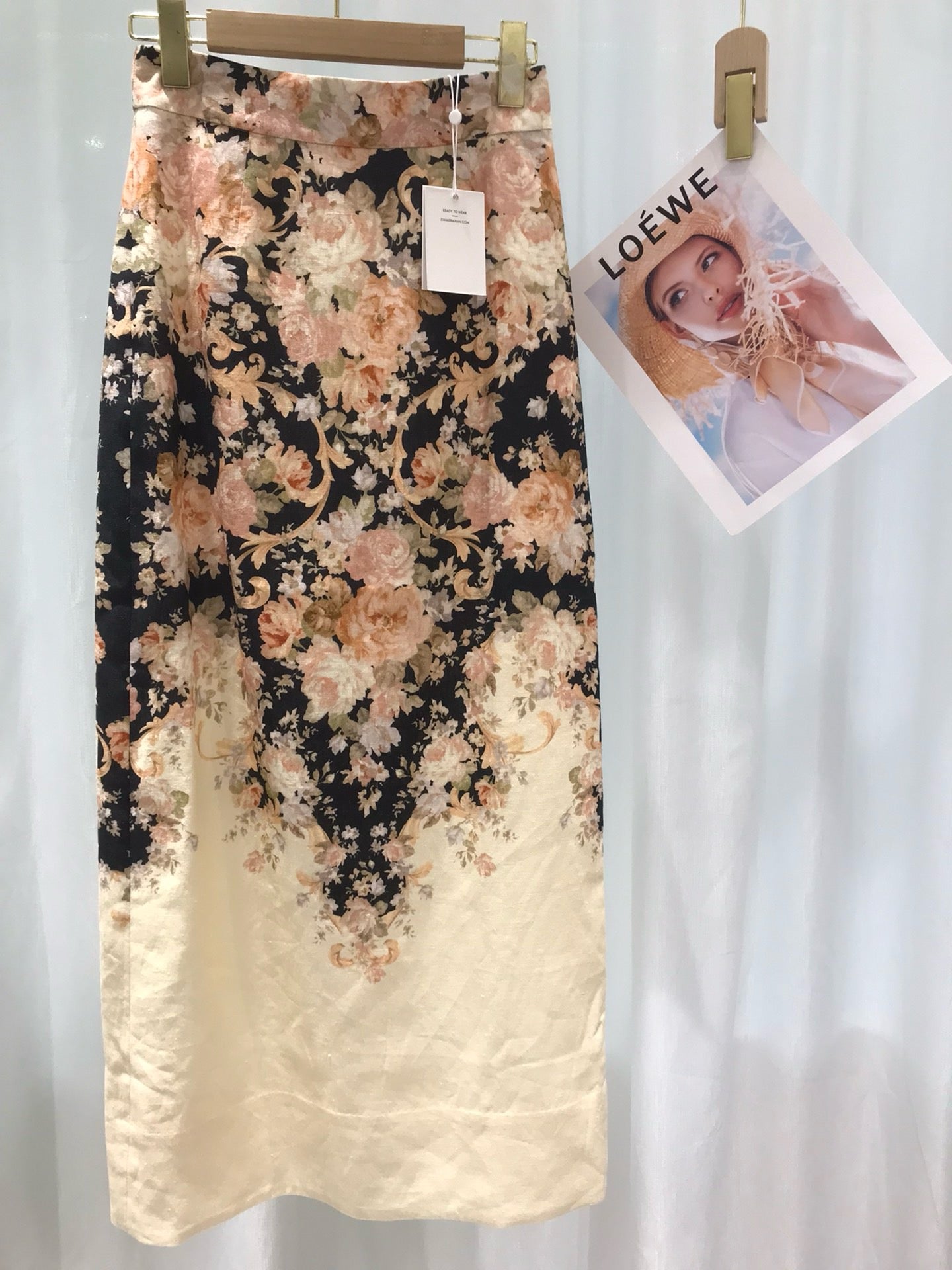 Zimmermann Floral Ramie Bouse & Midi Linen Skirt Set, Size AU 0/1/2/3