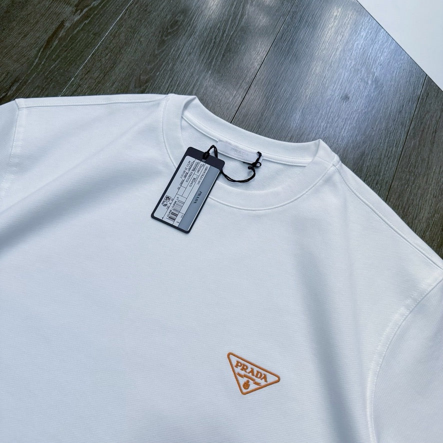 Prada Embroidered Orange Logo Cotton T-Shirt in White, Size XXL