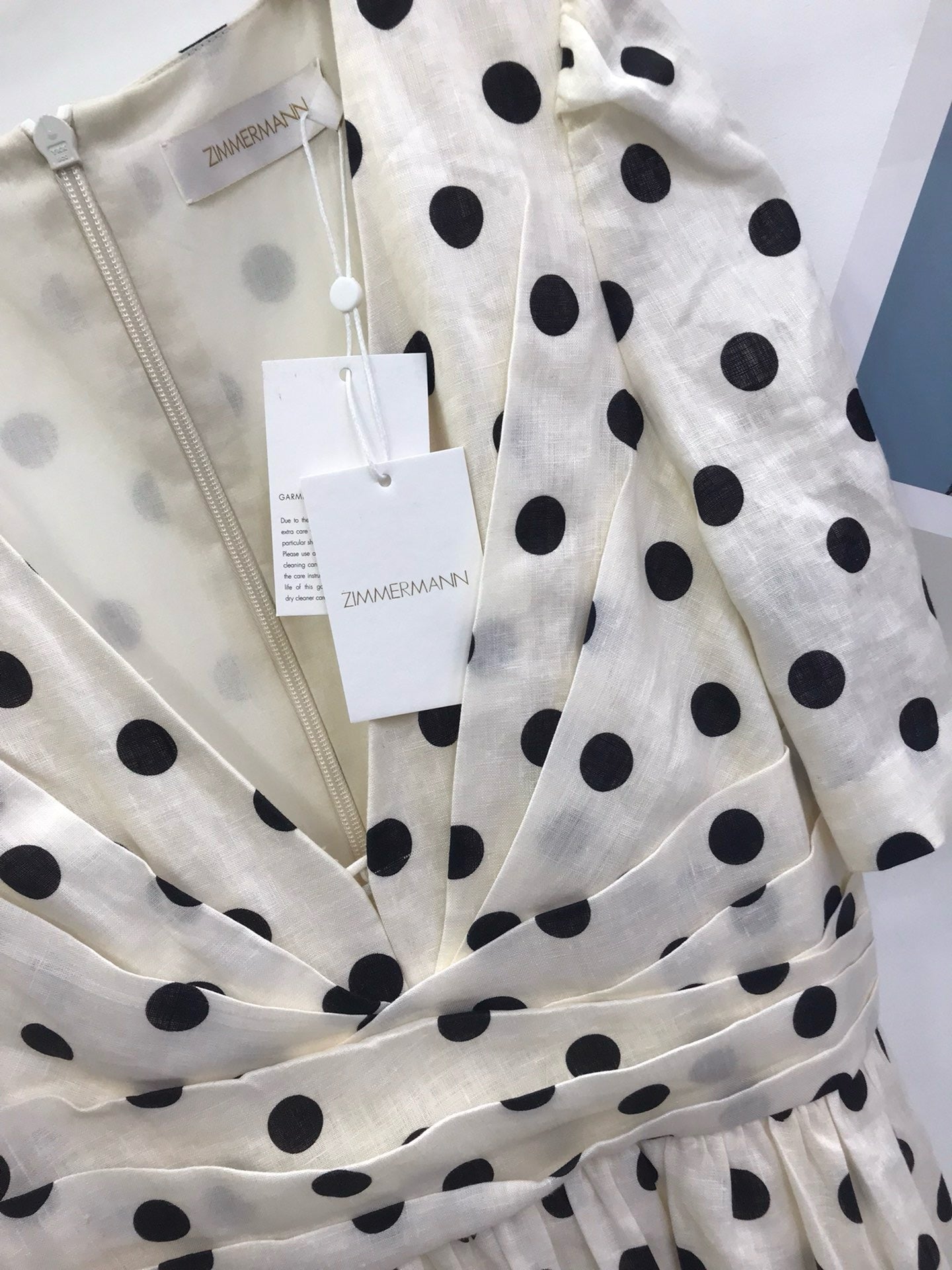 Zimmermann Polka Dot Linen Midi Dress in Cream, Size AU 0/1/2/3