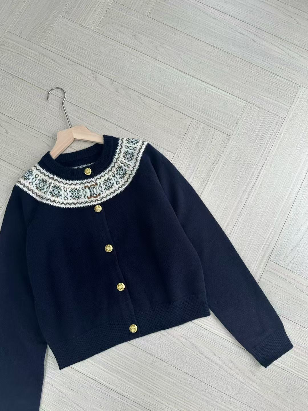 Celine Dark Blue Cardigan in Fair Isle Cashmere, Size S/M/L