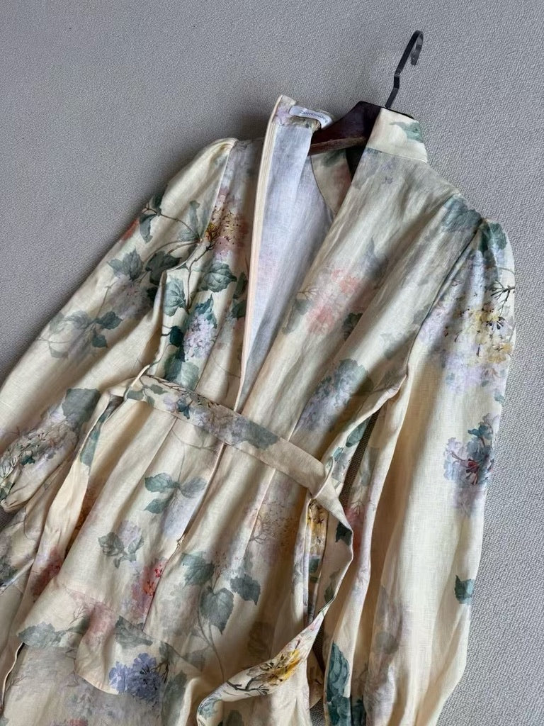 Zimmermann Peplum Belted Linen Midi Dress, Size AU 0/1