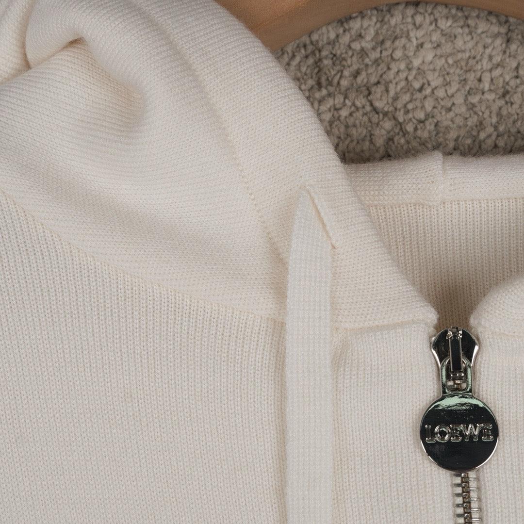 Loewe Wool Anagram Zip-Up Hoodie in White/Black, Size S/M/L