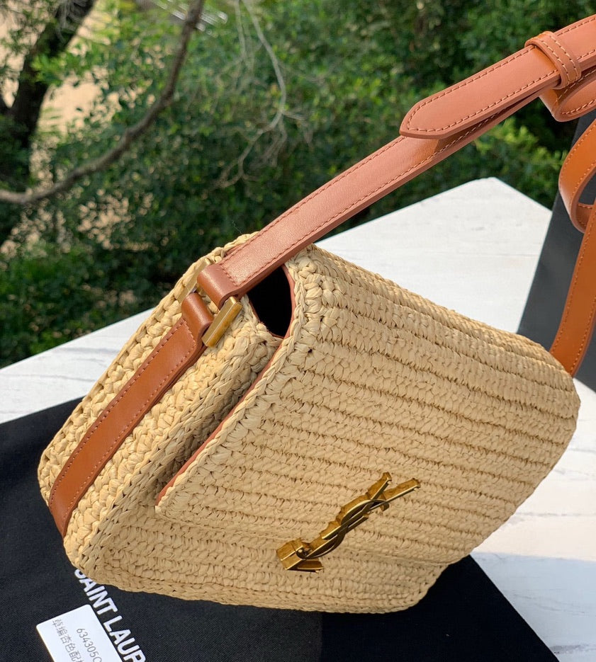 Saint Laurent Raffia Calfskin Medium Monogram Solferino Satchel