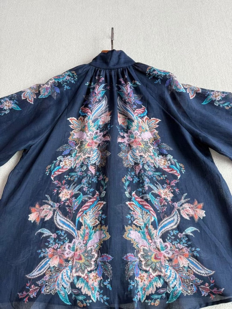 Zimmermann Floral Ramie Blouse & Belted Linen Shorts Set in Navy, Size AU 1/2/3