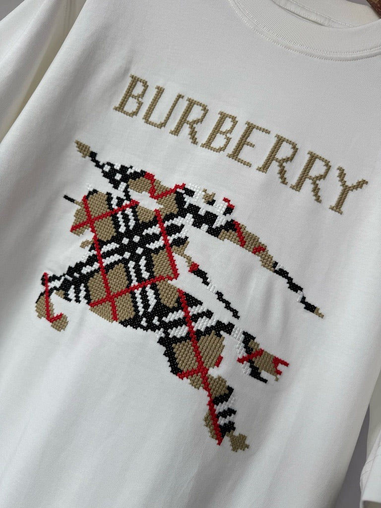 Burberry Cross Stitch EKD Cotton T-Shirt in White or Black, Size S/M/L/XL