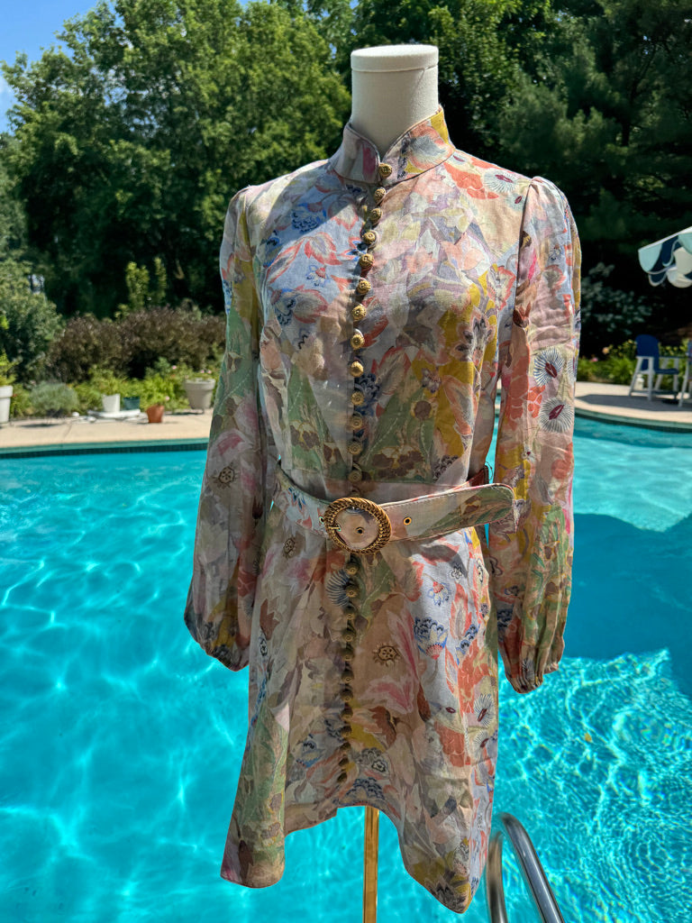 Zimmermann Floral Belted Linen Mididress, Size AU 0P/0/1/2/3