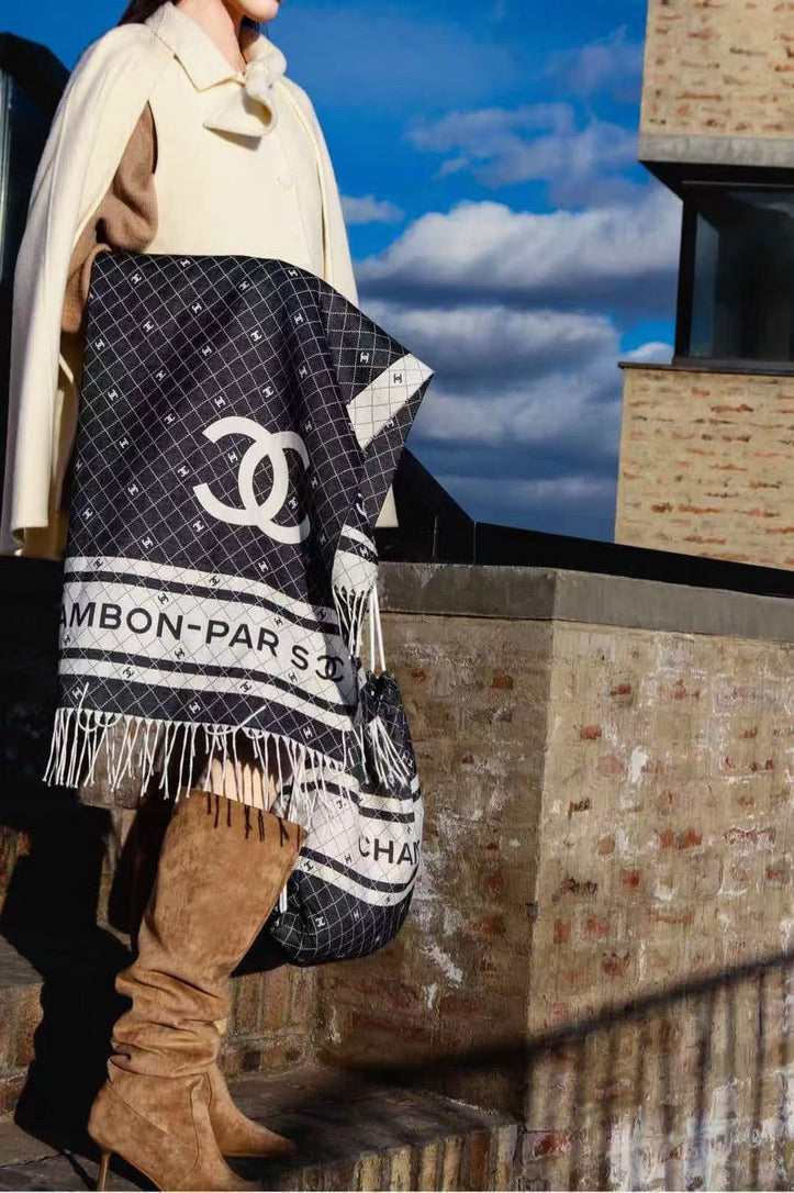 Chanel Logo Cotton/Silk Blend Scarf Black