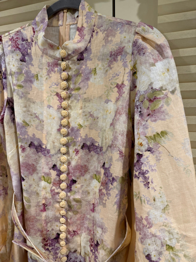 Zimmermann Floral Buttoned Belted Linen Midi Dress, Size AU 1/2