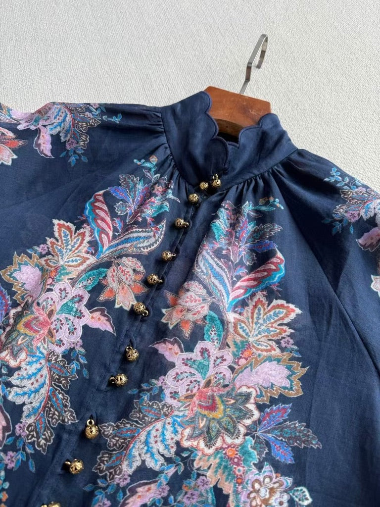 Zimmermann Floral Ramie Blouse & Belted Linen Shorts Set in Navy, Size AU 1/2/3