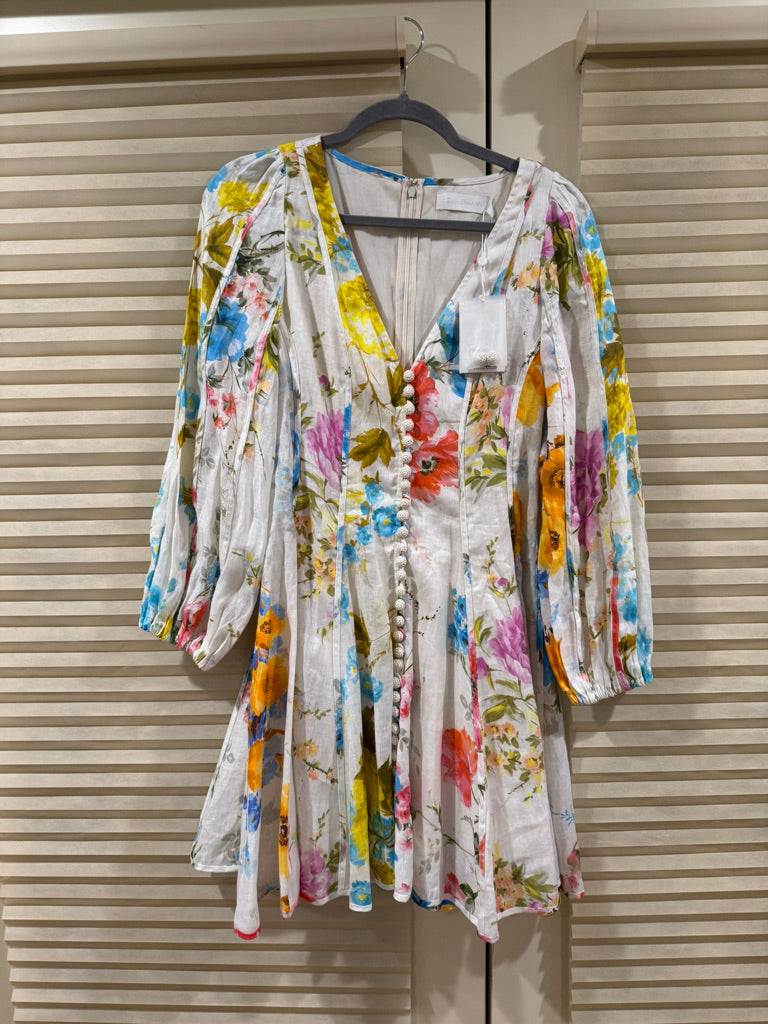Zimmermann Halcyon Paneled Linen Mini Dress, Size AU 3 (Pit to Pit 17 in)