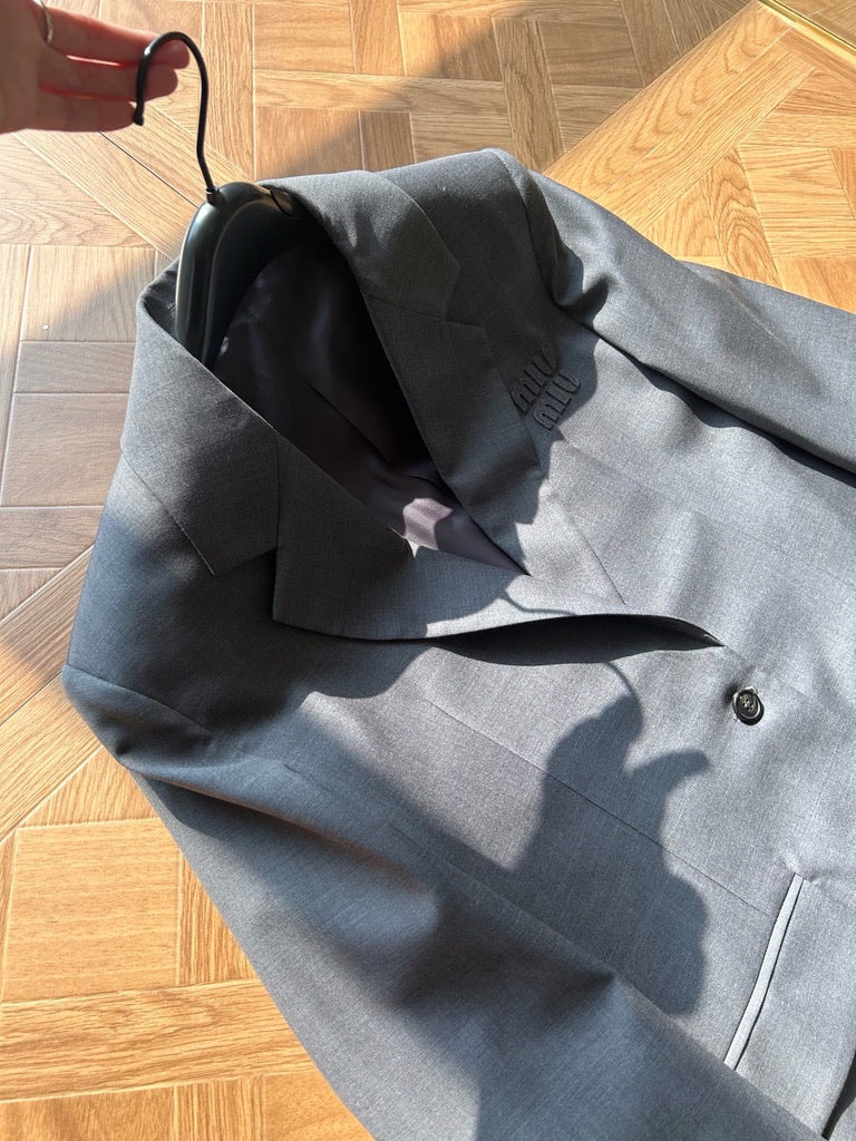 Miu Miu Logo Embroidered Oversized Wool Blazer Jacket in Gray, Size 36/38/40